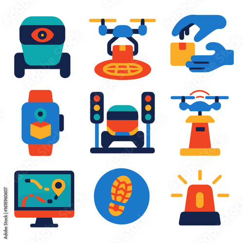 Robotic Delivery Icons. Flat vector icons of delivery robots and autonomous logistics: night vision equipped robot, drone on solar