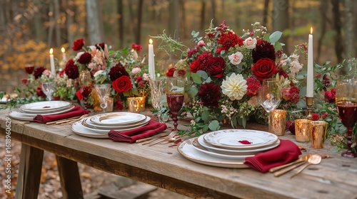 Elegant Outdoor Dining Arrangement With Floral Decor in Autumn Forest Setting