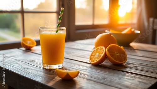 A glass of orange juice with a straw and sliced oranges on a wooden table near a window at sunset