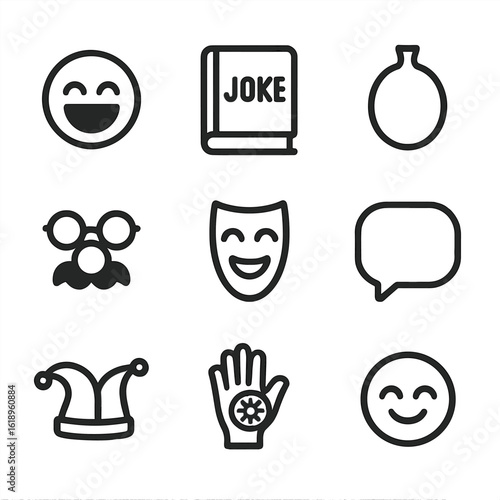 Everyday Humor Icons. Solid, filled icon set of humor in everyday life: laughing face, joke book, whoopee cushion, clown nose,