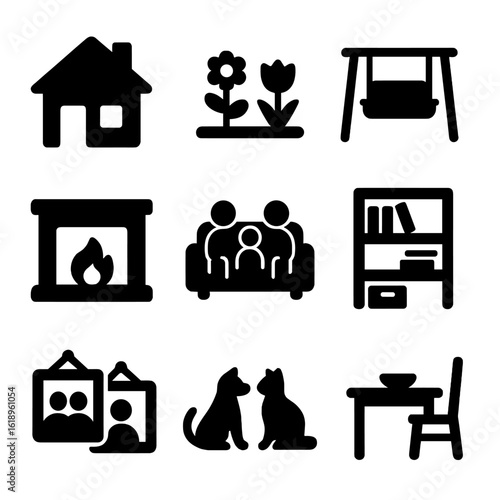 Family Home Icons. Solid, filled icon set of family home and environment: house, garden, porch swing, fireplace, family room,