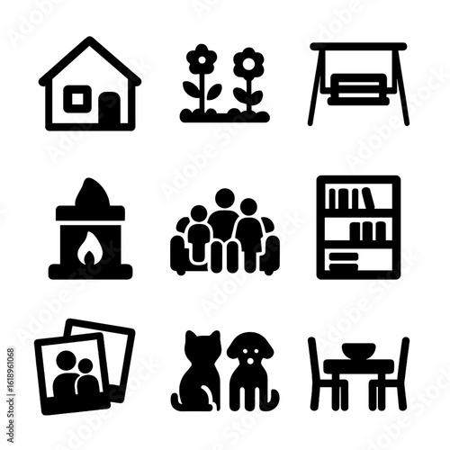 Family Home Icons. Solid, filled icon set of family home and environment: house, garden, porch swing, fireplace, family room,