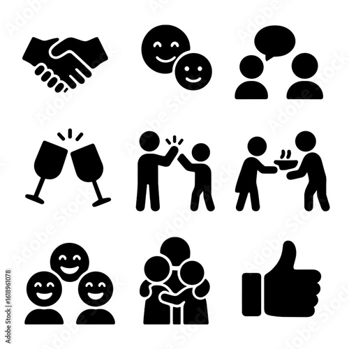 Family Interaction Icons. Solid, filled icon set of family interactions: handshake, smiling faces, talking bubble, clinking