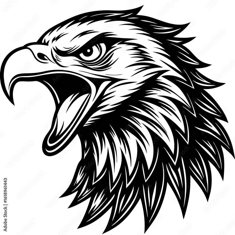 Fototapeta premium Fierce eagle head with open beak and sharp eyes