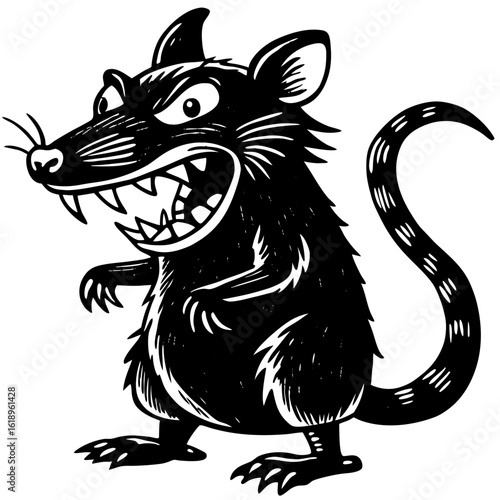 Fierce black rat with sharp teeth and angry eyes