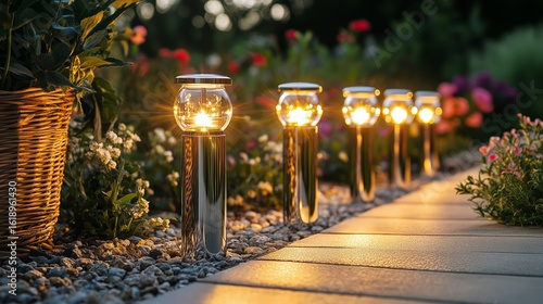 Soft Lights Illuminate a Garden Pathway During Twilight Hours.