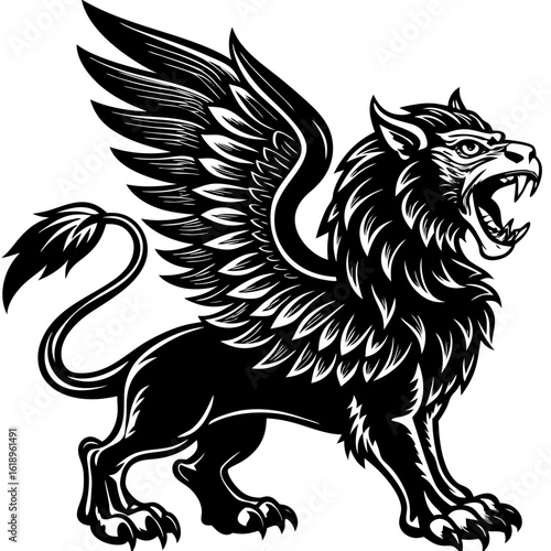 Majestic black griffin with outstretched wings and roaring mouth