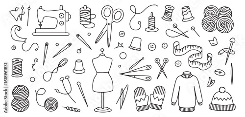 Charming Hand-Drawn Sewing and Knitting Elements Seamless Pattern, an Artistic Expression of Crafting Hobbies.