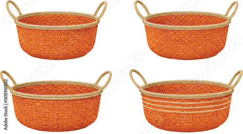 Set of realistic woven storage baskets with rope handles, handcrafted container illustration, traditional wicker basket collection for home organization