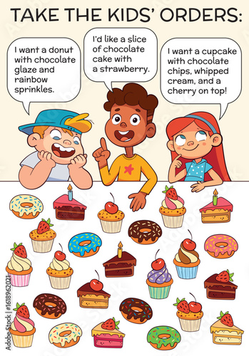 Fun logic puzzle for kids read each child dessert order and find the matching sweet treat. Great for attention, deduction, and visual thinking activities. Find the Match. Find by Clues. Spot it.