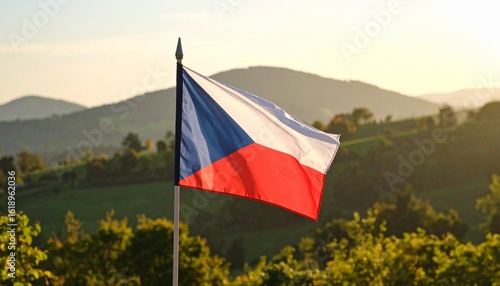 Flag of the Czech Republic in the foreground with the background