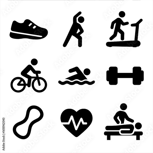 Fitness Icon Set. Solid, filled icon set of physical activity and rehabilitation: running shoe, stretching person, treadmill,