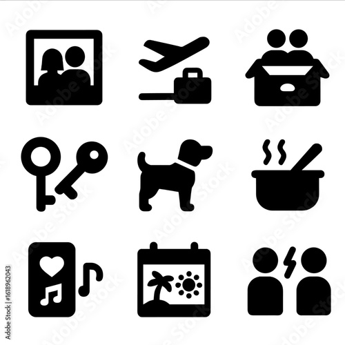 Firsts Icon Set. Solid, filled icon set of firsts as a couple: first photo, first trip, moving in box, shared key, first pet,