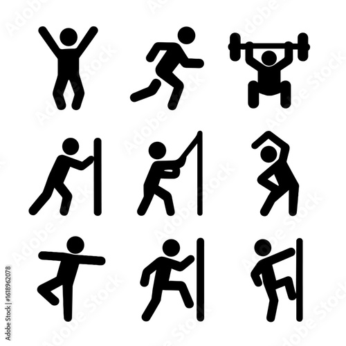 Fitness Icon Grid. Solid, filled icon set of Fitness movements: jumping, running, squatting, lifting, pushing, pulling, stretching