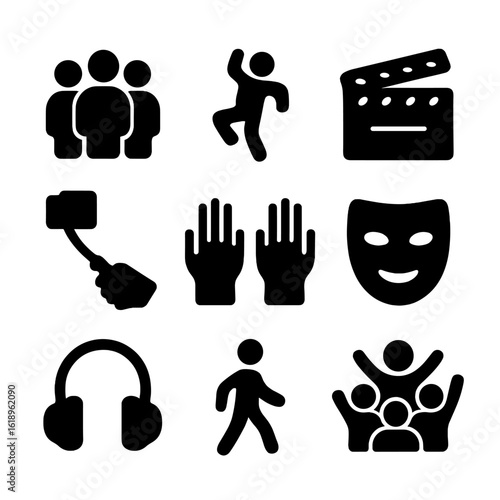 Flash Mob Icon Set. Solid, filled icon set of Flash mob participants: group of people, dancer, clapperboard, selfie stick, hands