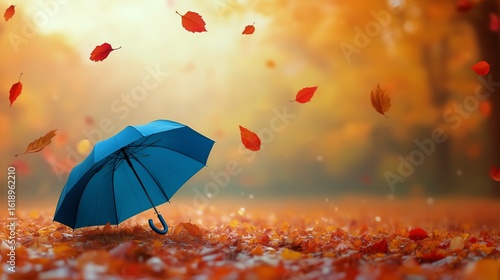 Blue Umbrella in Autumn Leaves With Orange Foliage Swirling in the Breeze Dur...