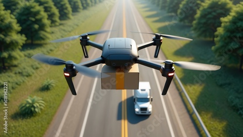 A Drone Delivery System in Action: An Aerial View of a Drone Carrying a Package Over a Truck on a Scenic Highway Surrounded by Lush Greenery