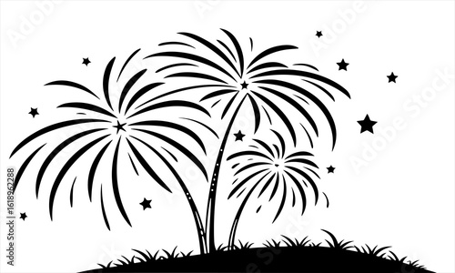 Stylized Black and White Fireworks Display with Palm Trees Silhouette
