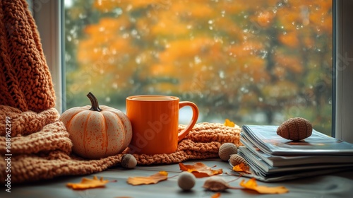 Cozy Autumn Setting With Pumpkin, Warm Drink, and Blanket by the Window.