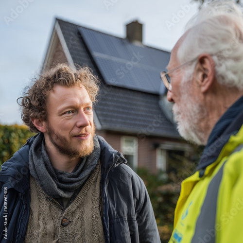  Sophisticated Field Technician Conversing with Elderly Gentleman by Solar-Paneled House in Dutch Countryside