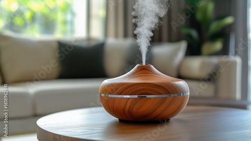 Natural Wood Diffuser Releasing Aromatic Mist in Cozy Living Room Setting