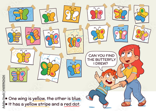 Find by Clues. Fun visual riddle for kids help a boy find the butterfly he drew based on simple clues. Great for attention, observation, and early logic activities. Educational game for children