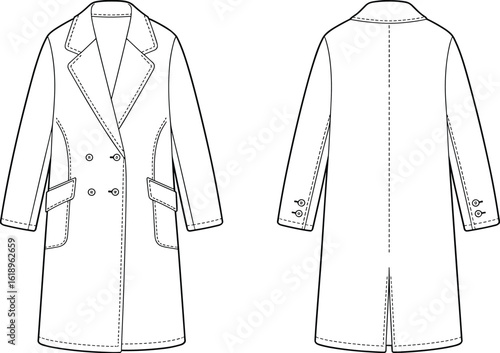 Cad Drawing Flat Vector Illustration, Double-Breasted Coat Design, Front and Back View, Detailed Stitching, Technical Fashion Sketch Template