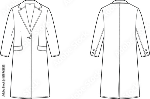 Cad Drawing Flat Vector Illustration, Women's Long Overcoat, Technical Fashion Sketch, Front and Back View, Outerwear Design Template