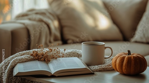 Cozy Autumn Setting With a Book, Coffee Cup, and Decorative Pumpkin on a Table