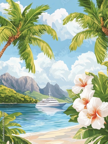 Tropical Island Paradise with Luxury Cruise Ship