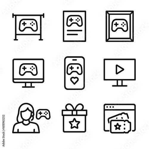 Gaming Marketing Icons. Solid, filled icon set of gaming sponsor marketing tools: banner ad, flyer, poster, digital screen, social