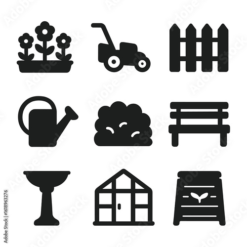 Garden Icon Set. Solid, filled icon set of garden landscape: flower bed, lawn mower, garden fence, watering can, hedge, garden