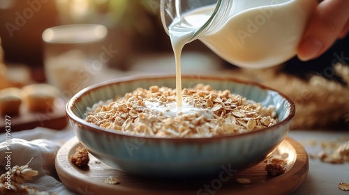 Delicious Bowl of Oats Topped With Milk on a Sunny Morning With a Cozy Kitche...
