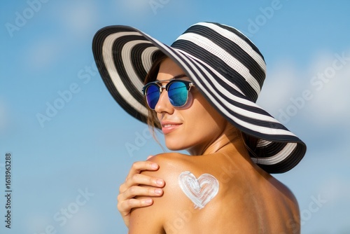 A Young Woman in a Wide-Brimmed Hat with Sunglasses and a Heart-Shaped Sunscreen Design on Her Shoulder Against a Bright Blue Sky Background