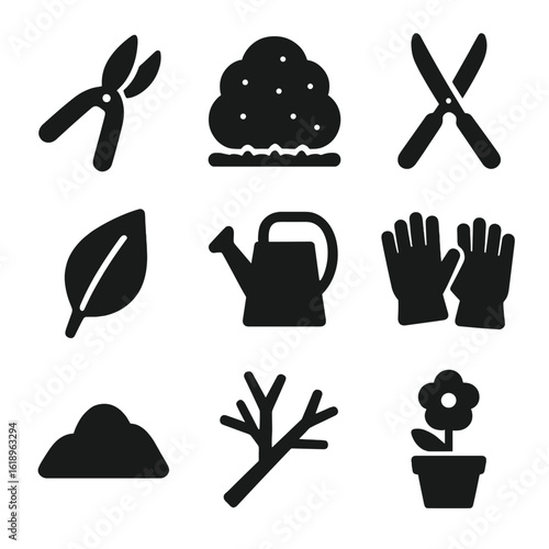 Garden Tool Icons. Solid, filled icon set of trimming bushes: pruners, hedge, shears, leaf, watering can, gloves, soil, tree