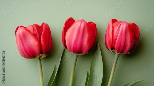 Beautiful Red Tulips Arranged Elegantly on a Soft Green Background for Floral...