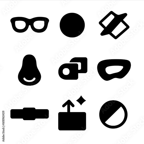 3D Glasses Icon Set. Solid, filled icon set of 3D glasses materials: plastic frame, glass lens, polarized film, rubber nose pad,