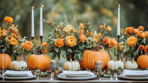Autumn Harvest Celebration With Pumpkins and Floral Arrangements at a Festive...