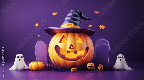 Festive Halloween Decorations Featuring a Smiling Pumpkin and Spooky Elements...