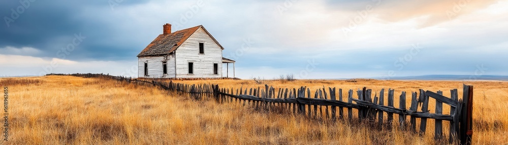 Obraz premium Abandoned Farmhouse in Golden Field, Landscape, Americana