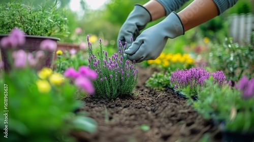 Gardener Tending to Lavender Plants in a Vibrant Summer Garden in the Early M...
