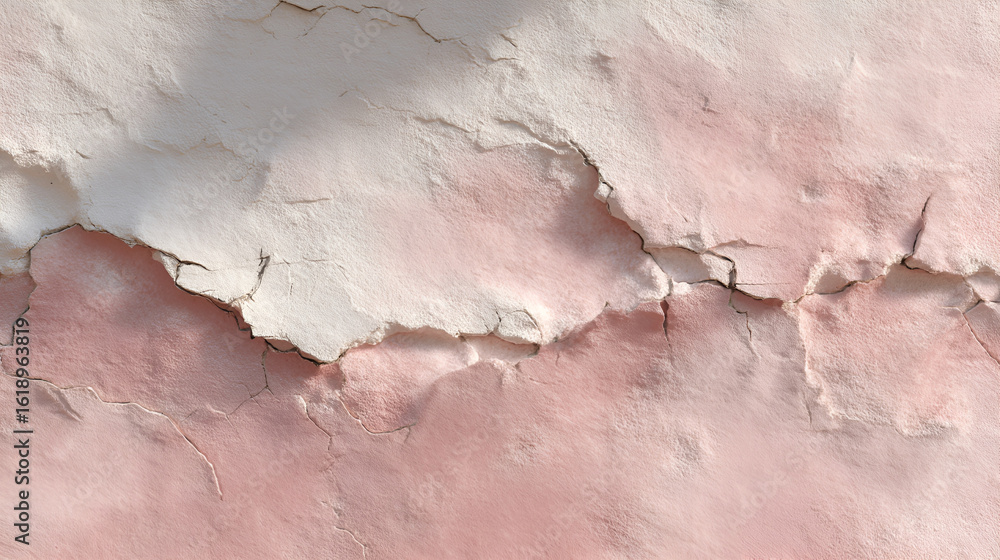 Fototapeta premium Cracked plaster wall, revealing layers of color and texture. Weathered surface creating organic abstract art.