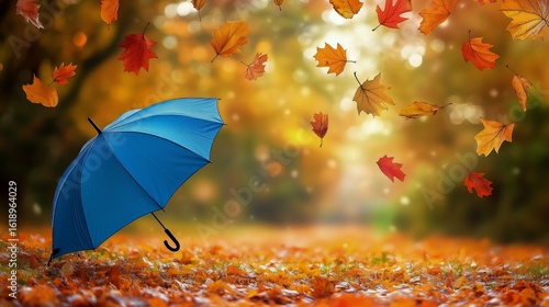 Colorful Autumn Leaves Drifting Around a Blue Umbrella on a Forest Path Durin...
