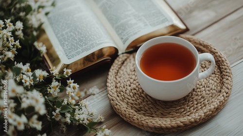 Cozy Tea Break With a Book and Flowers on a Wooden Table by a Sunlit Window.
