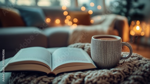 Cozy Evening With a Warm Drink, Candles, and a Good Book in a Softly Lit Livi...