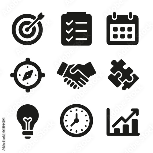 Goal Harmonization Icons. Solid, filled icon set of Harmonizing your goals: target, checklist, calendar, compass, handshake,