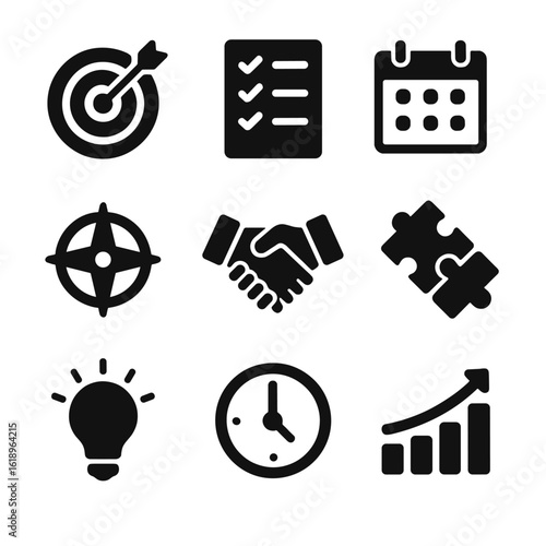 Goal Harmonization Icons. Solid, filled icon set of Harmonizing your goals: target, checklist, calendar, compass, handshake,