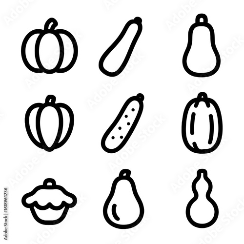Gourd Icon Grid. Solid, filled icon set of gourds and squashes: pumpkin, zucchini, butternut squash, acorn squash, cucumber,