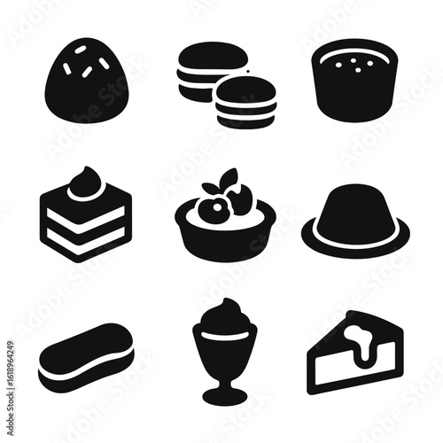 Gourmet Dessert Icons. Solid, filled icon set of gourmet desserts: chocolate truffle, macarons, crème brûlée, layered cake, fruit