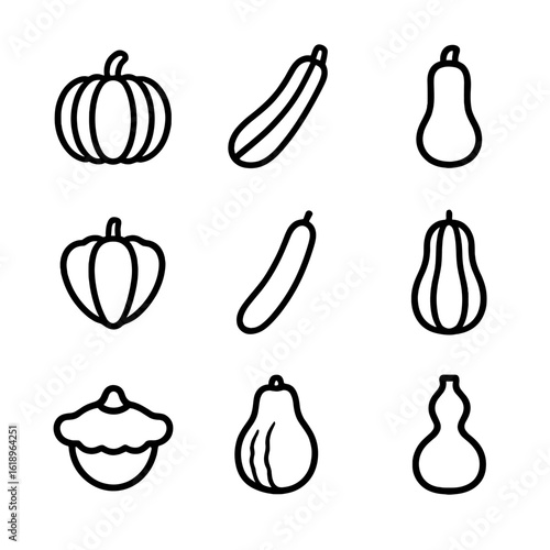 Gourd Icon Grid. Solid, filled icon set of gourds and squashes: pumpkin, zucchini, butternut squash, acorn squash, cucumber,